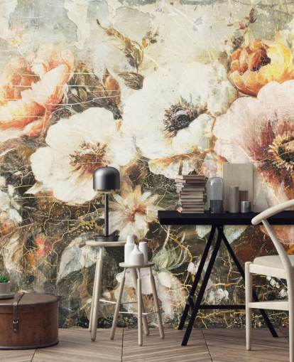 customisable vintage wallpaper mural called Distressed Vintage Florals II by Rafal Kulik