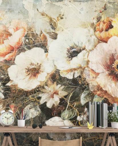 mural de papel de parede vintage personalizável chamado Distressed Vintage Florals II de Rafal Kulik