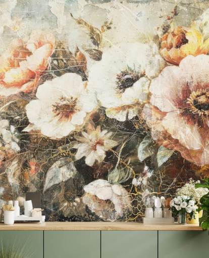 carta da parati murale vintage personalizzabile chiamata Distressed Vintage Florals II di Rafal Kulik