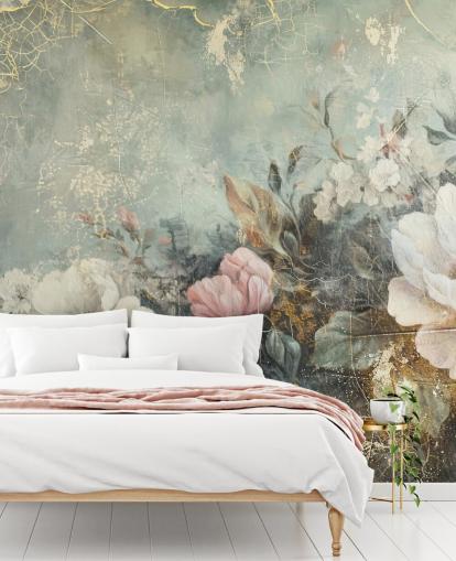 mural de pared floral grande azul claro llamado Distressed Vintage Florals de Rafal Kulik para dormitorios y salones