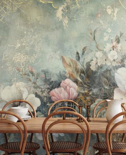 grande fresque murale florale bleu clair appelée Distressed Vintage Florals de Rafal Kulik pour les chambres et les salons