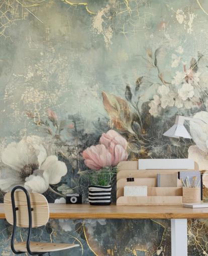 hellblaues großes florales Wandbild namens Distressed Vintage Florals von Rafal Kulik für Schlafzimmer und Lounges