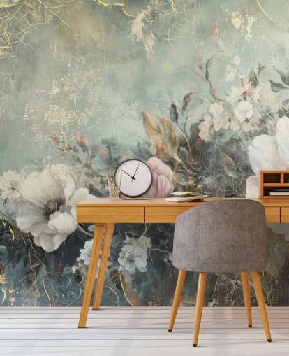 light blue large floral wall mural called Distressed Vintage Florals by Rafal Kulik for bedrooms and lounges