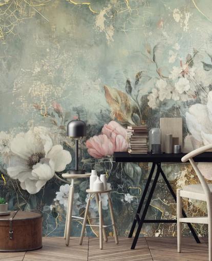 lyseblå stort blomsterveggmaleri kalt Distressed Vintage Florals av Rafal Kulik for soverom og salonger lyseblå stort blomsterveggmaleri kalt Distressed Vintage Florals av Rafal Kulik for soverom og salonger