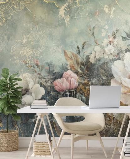 lyseblå stort blomstervægmaleri kaldet Distressed Vintage Florals af Rafal Kulik til soveværelser og lounger