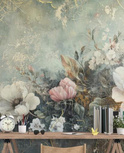 vaaleansininen suuri kukka-seinämaalaus nimeltä Distressed Vintage Florals by Rafal Kulik makuuhuoneisiin ja oleskelutiloihin