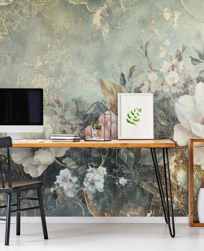 light blue large floral wall mural called Distressed Vintage Florals by Rafal Kulik for bedrooms and lounges