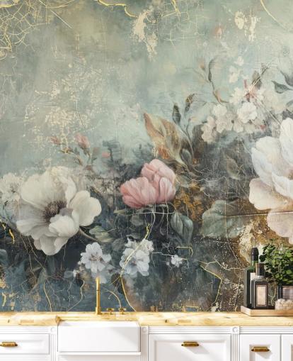 lichtblauwe grote bloemenmuurschildering genaamd Distressed Vintage Florals van Rafal Kulik voor slaapkamers en lounges