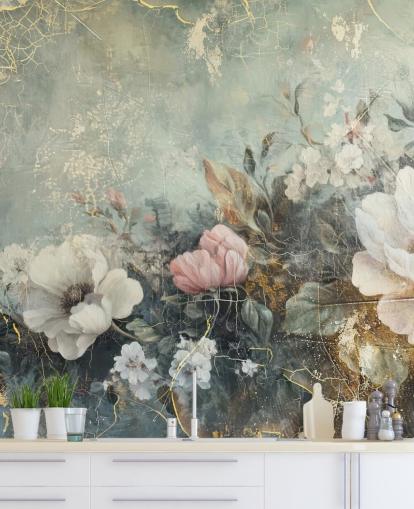 grande murale floreale blu chiaro chiamato Distressed Vintage Florals di Rafal Kulik per camere da letto e salotti