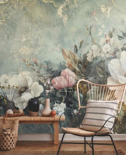 mural de pared floral grande azul claro llamado Distressed Vintage Florals de Rafal Kulik para dormitorios y salones