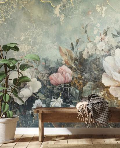 hellblaues großes florales Wandbild namens Distressed Vintage Florals von Rafal Kulik für Schlafzimmer und Lounges hellblaues großes florales Wandbild namens Distressed Vintage Florals von Rafal Kulik für Schlafzimmer und Lounges