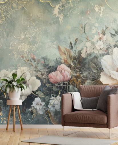 lichtblauwe grote bloemenmuurschildering genaamd Distressed Vintage Florals van Rafal Kulik voor slaapkamers en lounges lichtblauwe grote bloemenmuurschildering genaamd Distressed Vintage Florals van Rafal Kulik voor slaapkamers en lounges