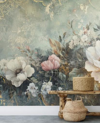 hellblaues großes florales Wandbild namens Distressed Vintage Florals von Rafal Kulik für Schlafzimmer und Lounges