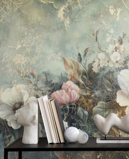 mural de pared floral grande azul claro llamado Distressed Vintage Florals de Rafal Kulik para dormitorios y salones