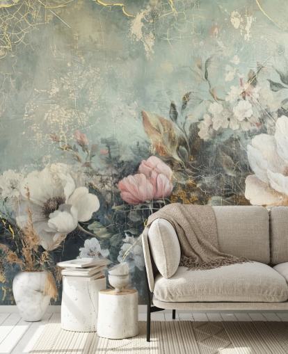lichtblauwe grote bloemenmuurschildering genaamd Distressed Vintage Florals van Rafal Kulik voor slaapkamers en lounges