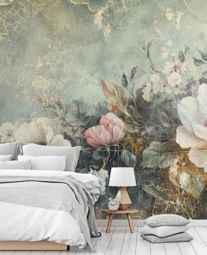 grande mural de parede floral azul claro chamado Distressed Vintage Florals de Rafal Kulik para quartos e salões