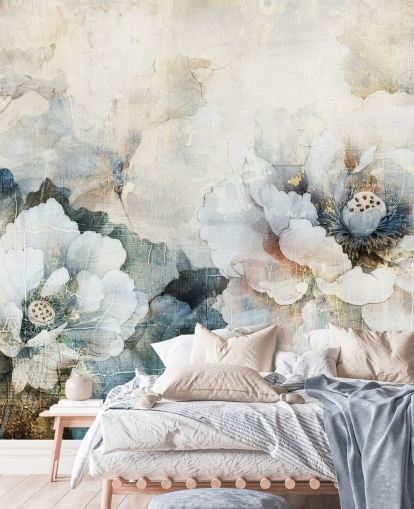 mural de papel pintado floral personalizado blanco llamado Distressed White Florals II de Rafal Kulik mural de papel pintado floral personalizado blanco llamado Distressed White Florals II de Rafal Kulik