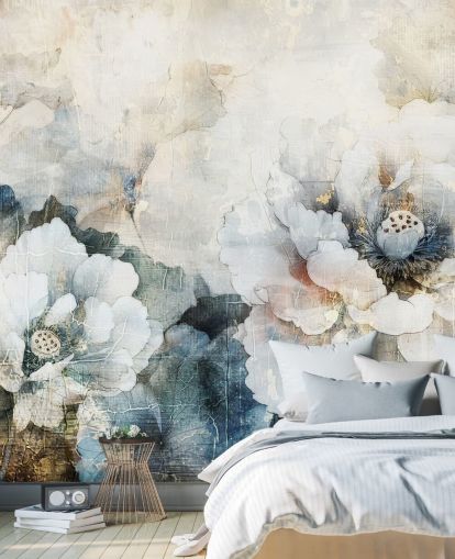 mural de papel de parede floral personalizado branco chamado Distressed White Florals II de Rafal Kulik