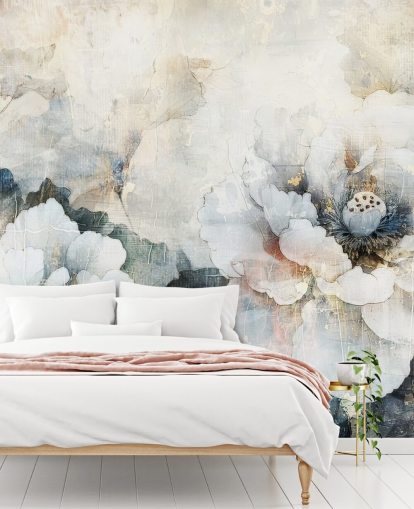 mural de papel de parede floral personalizado branco chamado Distressed White Florals II de Rafal Kulik