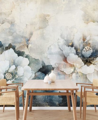 witte op maat gemaakte bloemenbehangmuurschildering genaamd Distressed White Florals II van Rafal Kulik witte op maat gemaakte bloemenbehangmuurschildering genaamd Distressed White Florals II van Rafal Kulik