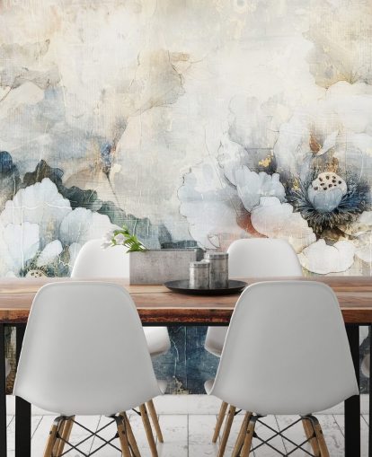 hvitt tilpasset blomstertapet veggmaleri kalt Distressed White Florals II av Rafal Kulik hvitt tilpasset blomstertapet veggmaleri kalt Distressed White Florals II av Rafal Kulik