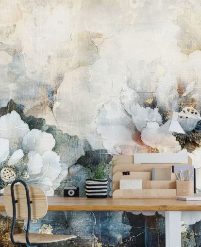 mural de papel pintado floral personalizado blanco llamado Distressed White Florals II de Rafal Kulik