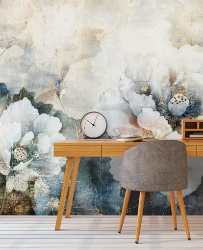 weißes kundenspezifisches Blumentapetenwandbild namens Distressed White Florals II von Rafal Kulik