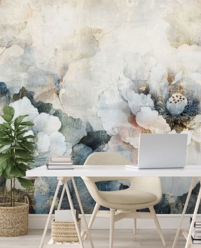 mural de papel de parede floral personalizado branco chamado Distressed White Florals II de Rafal Kulik