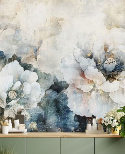 mural de papel pintado floral personalizado blanco llamado Distressed White Florals II de Rafal Kulik