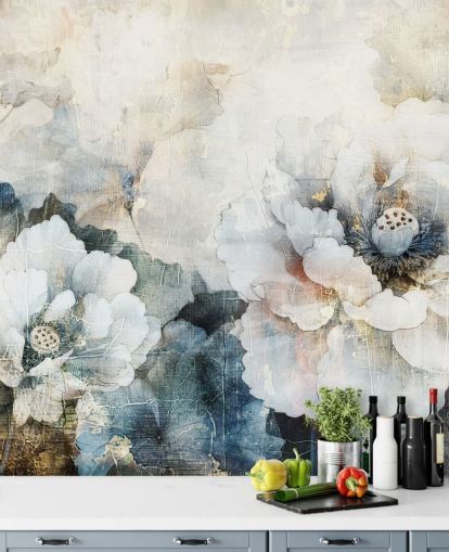 weißes kundenspezifisches Blumentapetenwandbild namens Distressed White Florals II von Rafal Kulik weißes kundenspezifisches Blumentapetenwandbild namens Distressed White Florals II von Rafal Kulik