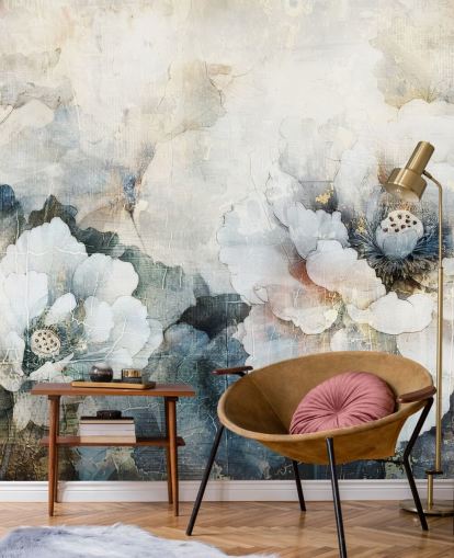 weißes kundenspezifisches Blumentapetenwandbild namens Distressed White Florals II von Rafal Kulik