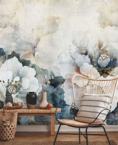 hvitt tilpasset blomstertapet veggmaleri kalt Distressed White Florals II av Rafal Kulik