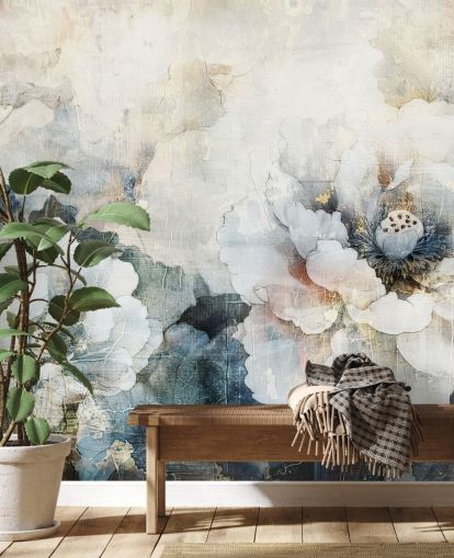 hvitt tilpasset blomstertapet veggmaleri kalt Distressed White Florals II av Rafal Kulik