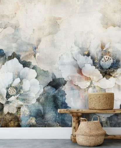 carta da parati floreale personalizzata bianca chiamata Distressed White Florals II di Rafal Kulik carta da parati floreale personalizzata bianca chiamata Distressed White Florals II di Rafal Kulik