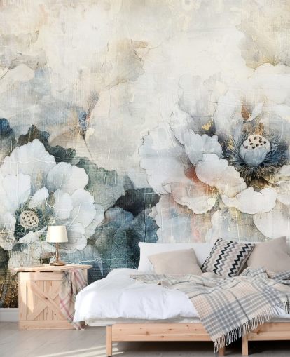 vit anpassad blommig tapetväggmålning kallad Distressed White Florals II av Rafal Kulik vit anpassad blommig tapetväggmålning kallad Distressed White Florals II av Rafal Kulik