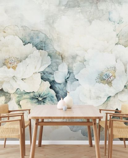 witte aanpasbare bloemenmuurschildering genaamd Distressed White Florals III van Rafal Kulik witte aanpasbare bloemenmuurschildering genaamd Distressed White Florals III van Rafal Kulik