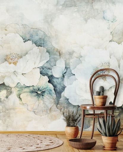 fresque murale florale blanche personnalisable appelée Distressed White Florals III par Rafal Kulik