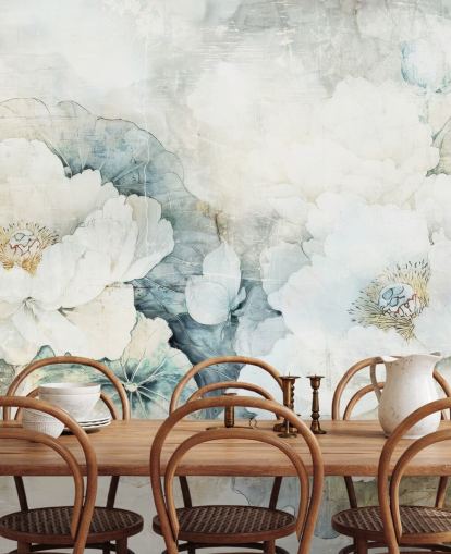 white customizable floral wall mural called Distressed White Florals III by Rafal Kulik