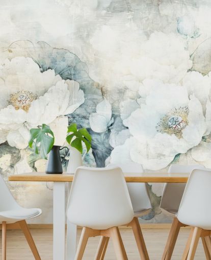 murale floreale bianco personalizzabile chiamato Distressed White Florals III di Rafal Kulik