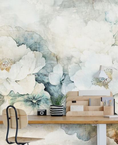 mural de pared floral personalizable blanco llamado Distressed White Florals III de Rafal Kulik