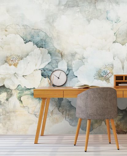 white customizable floral wall mural called Distressed White Florals III by Rafal Kulik