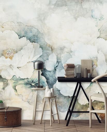 mural de pared floral personalizable blanco llamado Distressed White Florals III de Rafal Kulik mural de pared floral personalizable blanco llamado Distressed White Florals III de Rafal Kulik