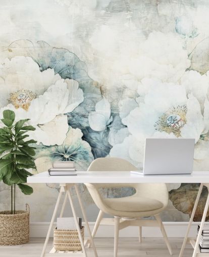 hvidt tilpassbart blomstervægmaleri kaldet Distressed White Florals III af Rafal Kulik