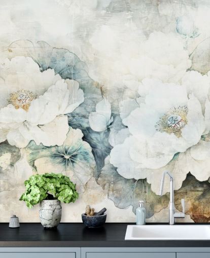 white customisable floral wall mural called Distressed White Florals III by Rafal Kulik