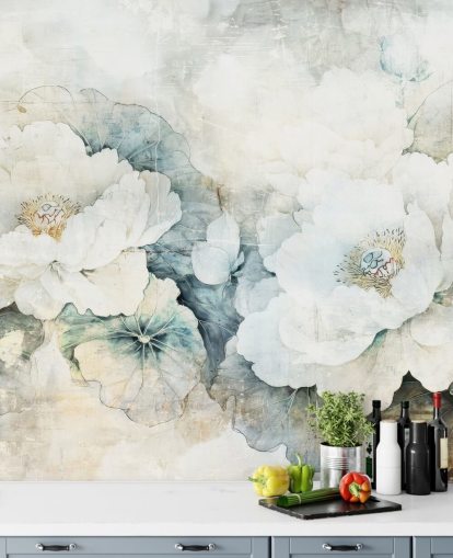 murale floreale bianco personalizzabile chiamato Distressed White Florals III di Rafal Kulik