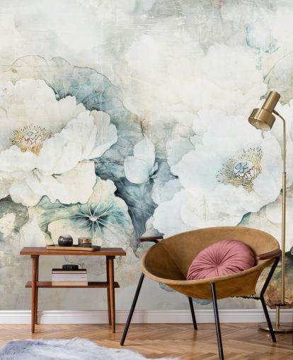 vit anpassningsbar blommig väggmålning kallad Distressed White Florals III av Rafal Kulik vit anpassningsbar blommig väggmålning kallad Distressed White Florals III av Rafal Kulik