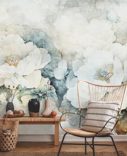 murale floreale bianco personalizzabile chiamato Distressed White Florals III di Rafal Kulik