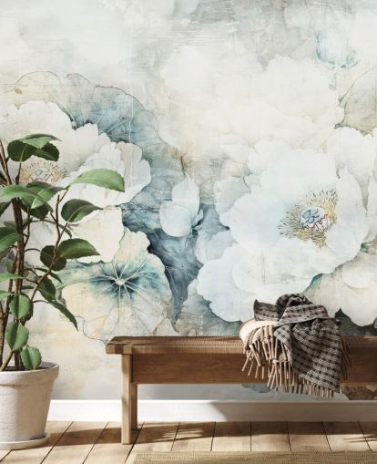 white customizable floral wall mural called Distressed White Florals III by Rafal Kulik