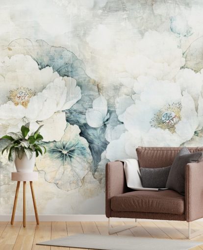 white customizable floral wall mural called Distressed White Florals III by Rafal Kulik white customizable floral wall mural called Distressed White Florals III by Rafal Kulik