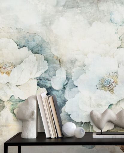 white customisable floral wall mural called Distressed White Florals III by Rafal Kulik white customisable floral wall mural called Distressed White Florals III by Rafal Kulik